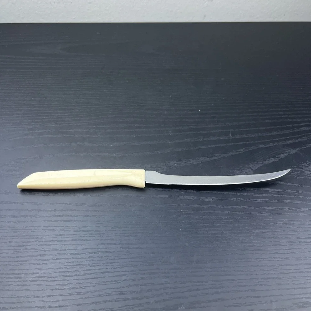 Vintage EKCO Serrated Kitchen Knife Stainless Steel Beige Plastic Handle USA